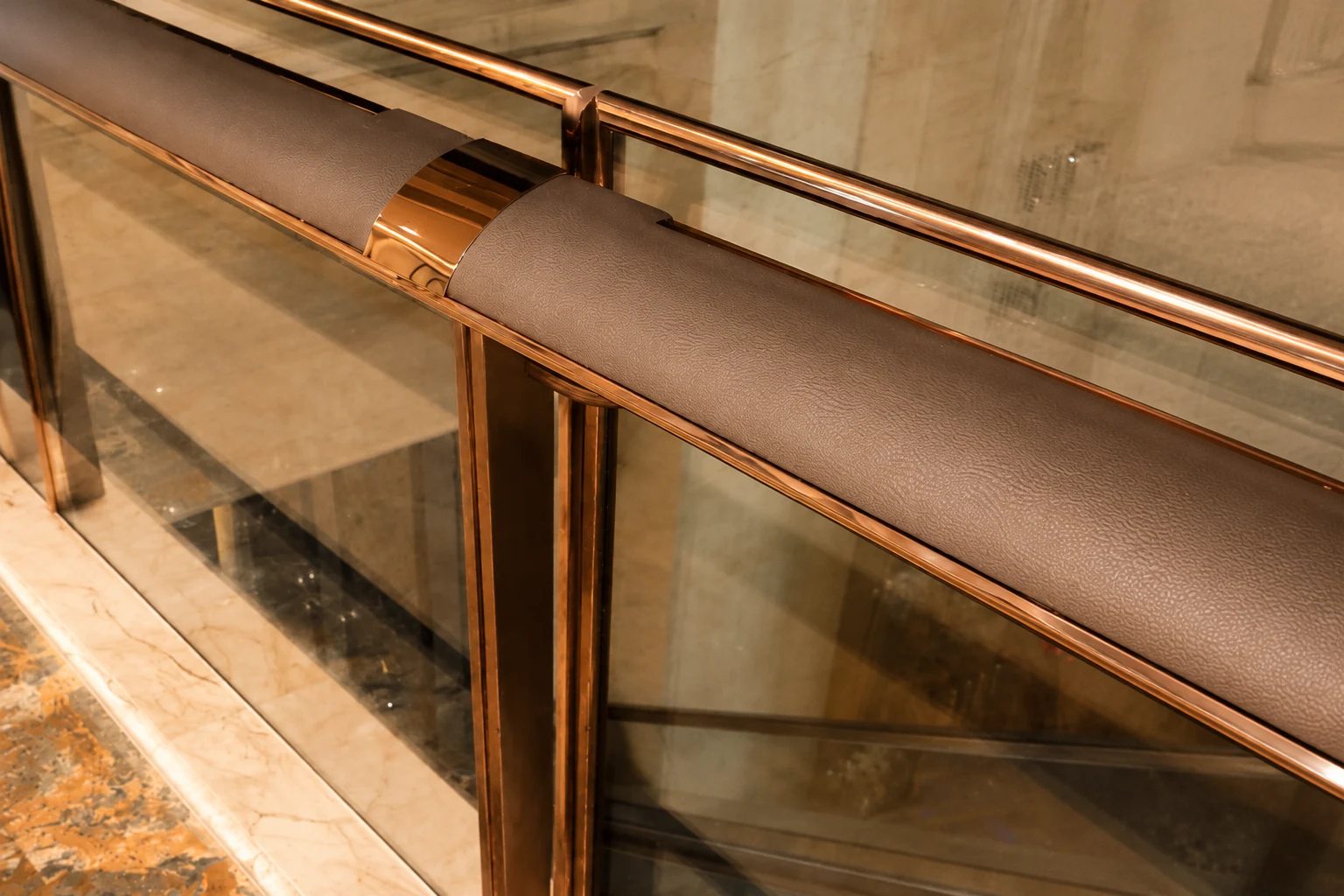 Custom PVD Stainless Steel Handrail Detail with Glass Panel Integration