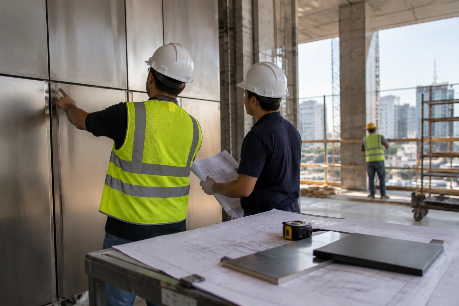 Architectural metal fabrication project coordination with construction drawings and metal panel inspection