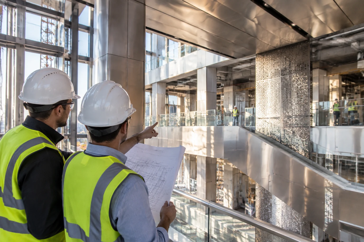 Custom architectural metalwork panels installed in a modern commercial building interior