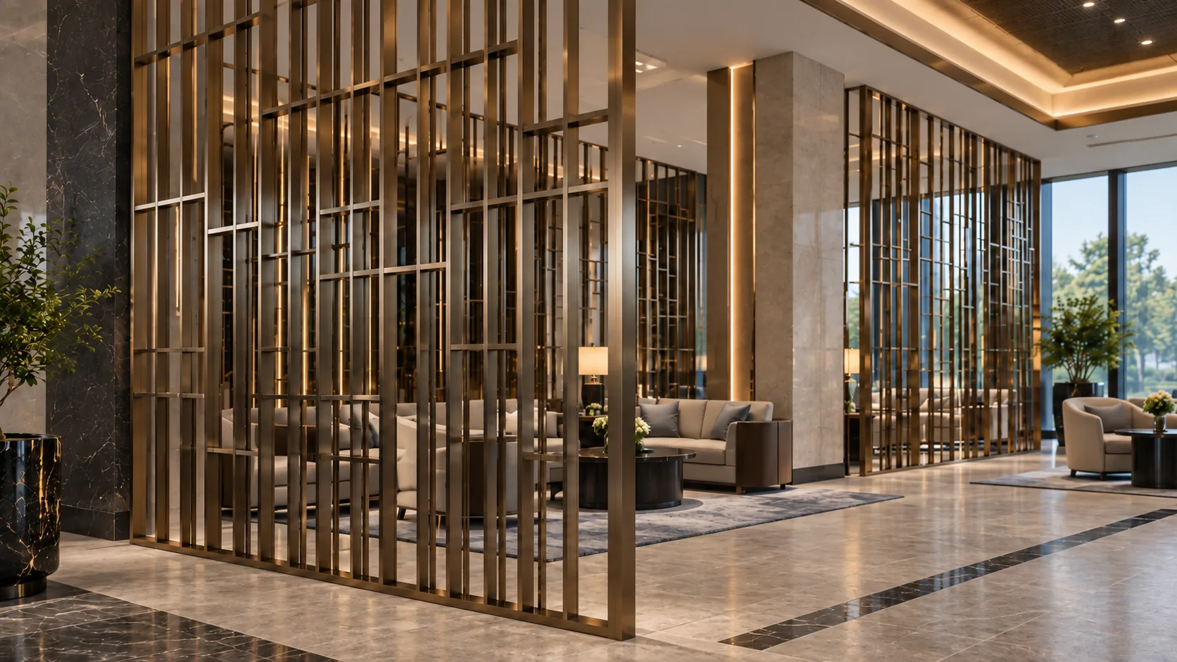 Custom welded metal tube partition screen for luxury hotel interior design