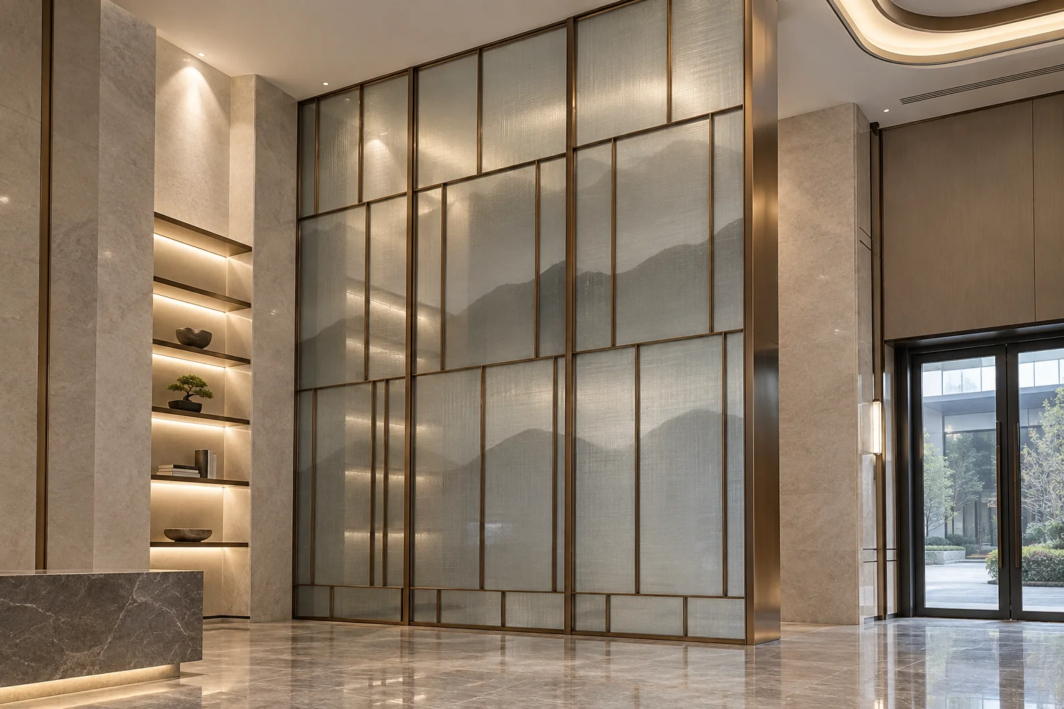 Metal framed glass partition wall in a modern hotel lobby with bronze finish