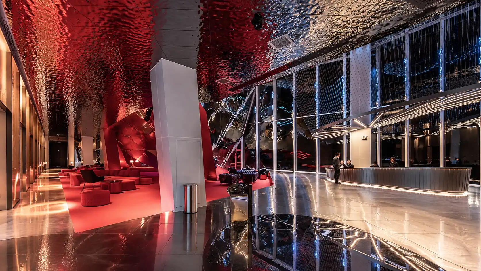 Water ripple stainless steel ceiling in a modern restaurant interior