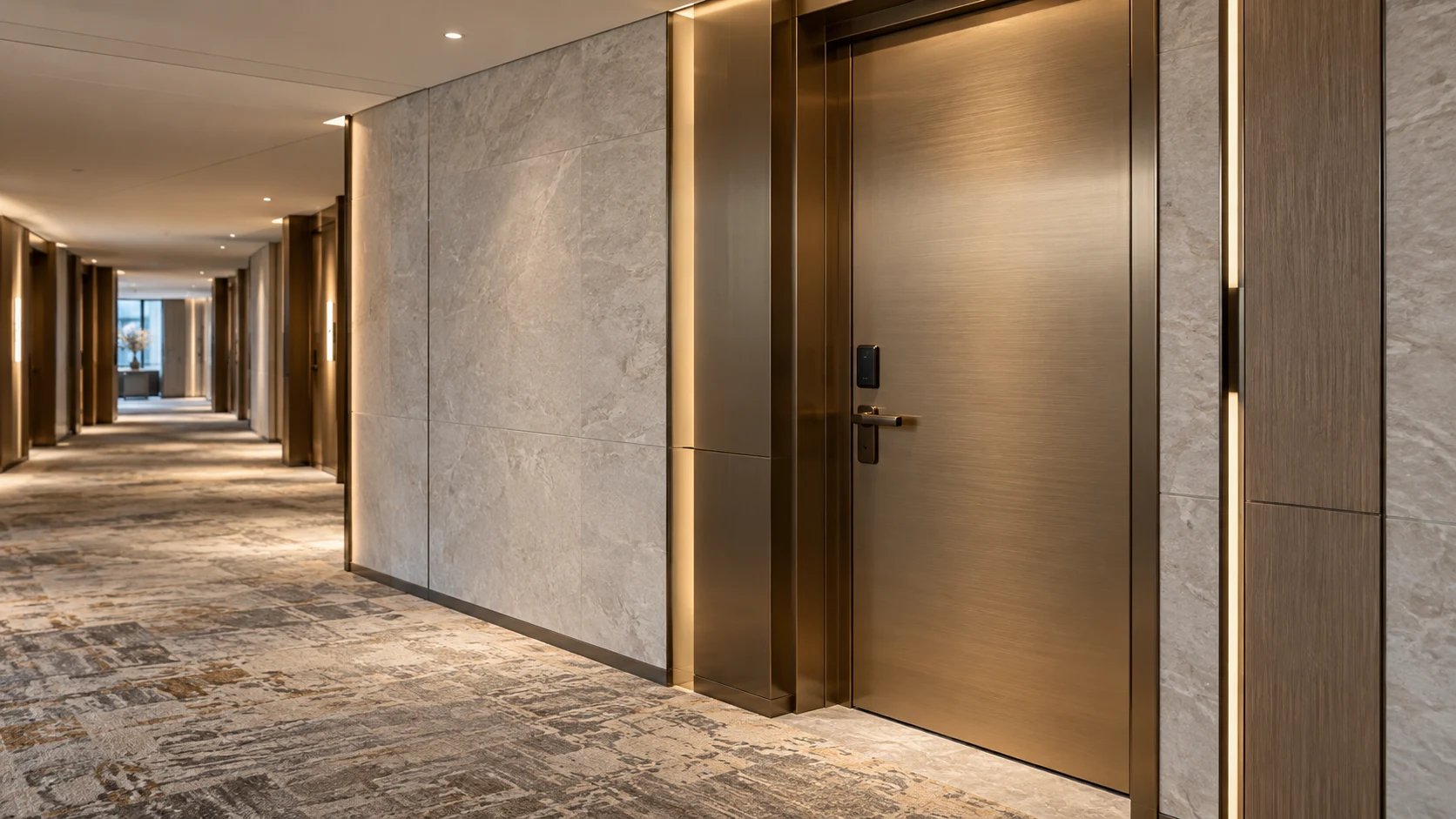Custom metal guestroom door in a luxury hotel corridor