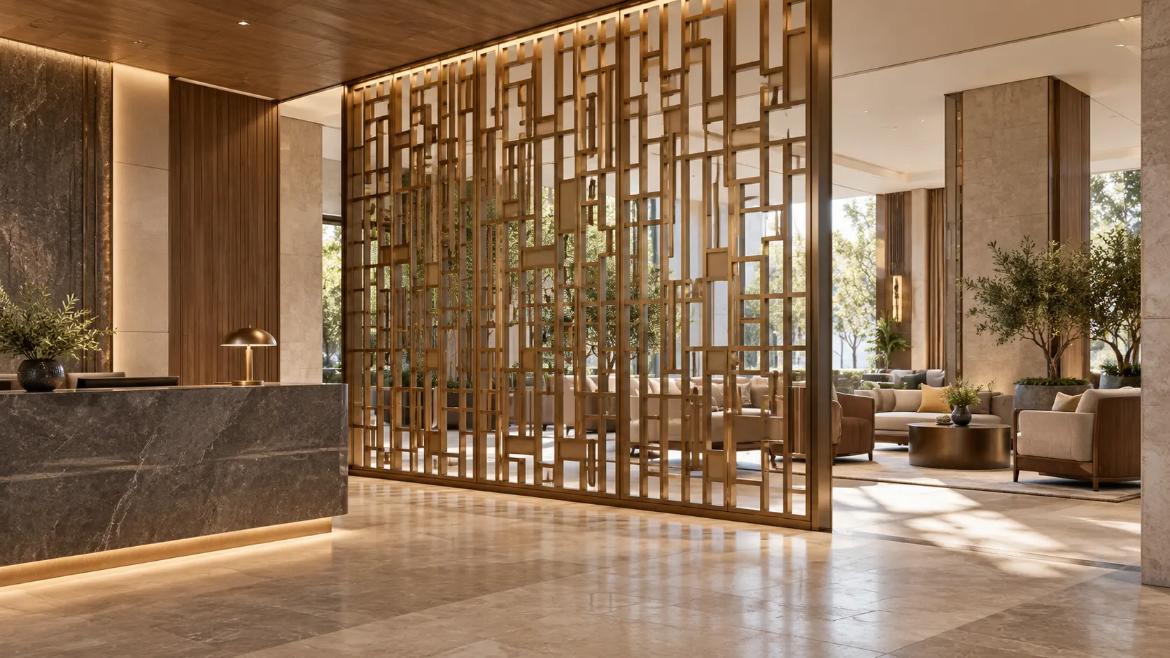 Custom geometric metal partition separating reception and lounge areas in a hotel lobby