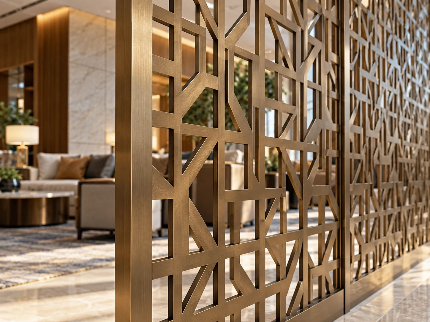 Geometric metal partition showing pattern detail and filtered sightlines in a hotel lounge