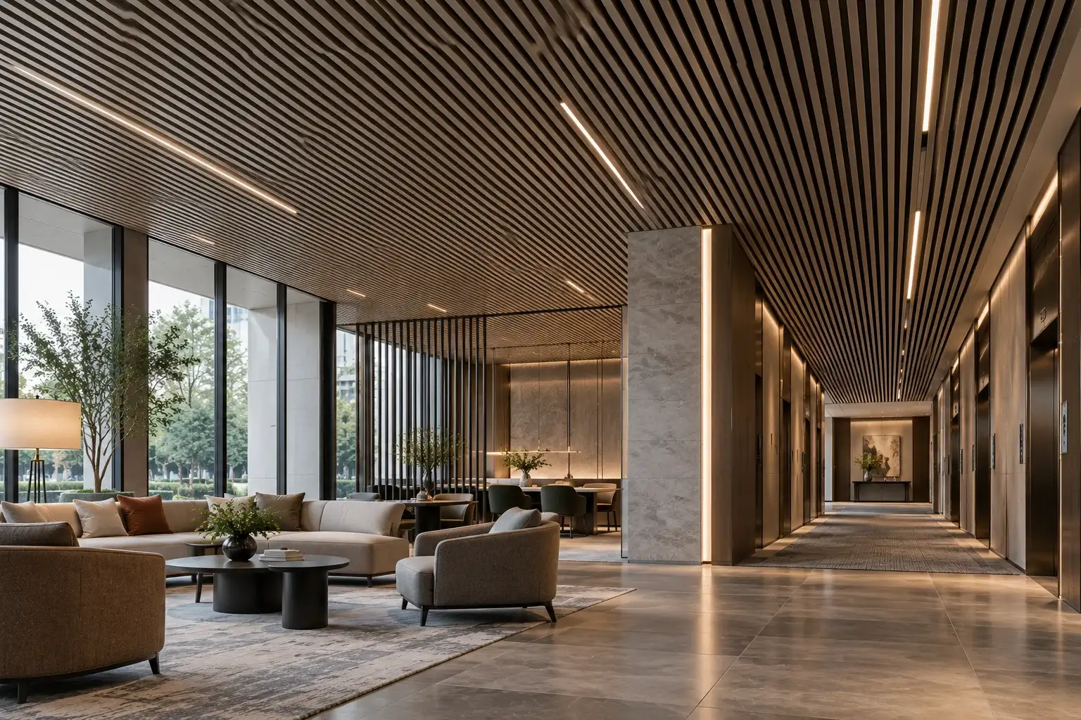 Hotel lobby and corridor connected by a continuous linear strip ceiling