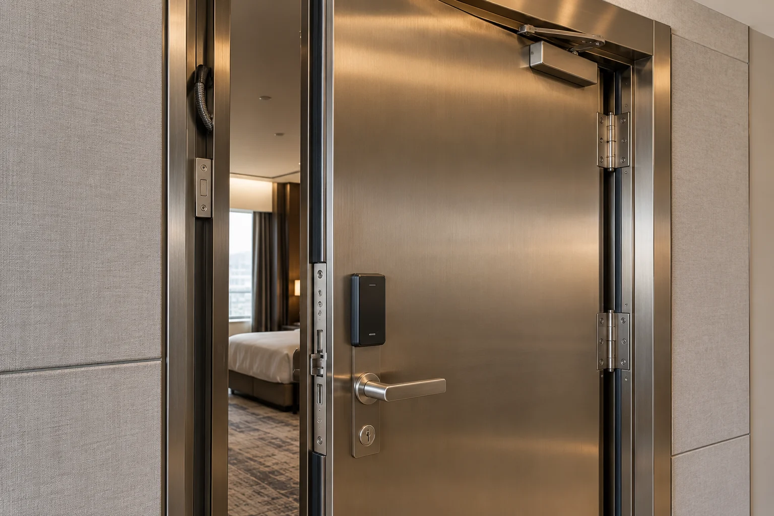 Hotel metal door showing the frame, closer, hinges, lock, and perimeter seals