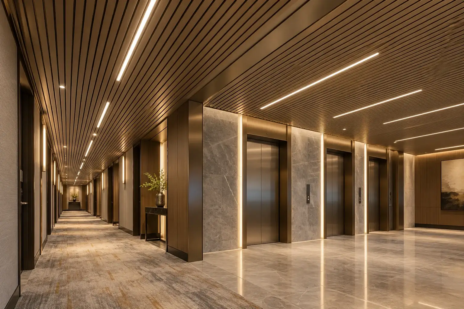 Linear strip ceiling connecting a hotel elevator hall and corridor